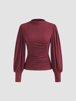 Cider - High Neck Solid Ruched Long Sleeve Top