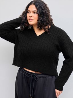 Cider - Cable Knit V-neck Solid Long Sleeve Sweater Curve & Plus