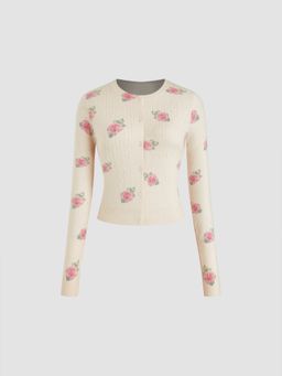 Cider - Knit Round Neckline Floral Cardigan