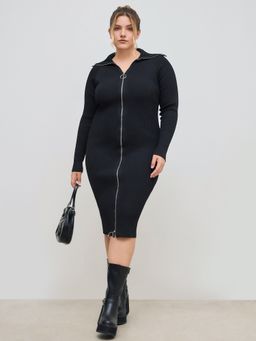 Cider - Knit Collar Solid Zipper Midi Dress Curve & Plus