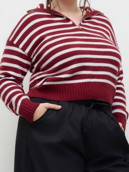 Cider - Knit Collar Striped Zipper Long Sleeve Sweater Curve & Plus