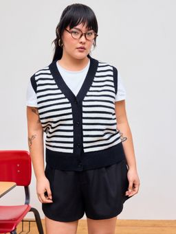 Cider - Knit V-neck Striped Contrasting Binding Vest Curve & Plus