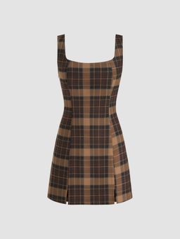 Cider - Scoop Neckline Checks Zipper Mini Dress
