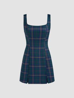 Cider - Scoop Neckline Checks Zipper Mini Dress