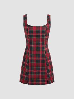 Cider - Scoop Neckline Checks Zipper Mini Dress