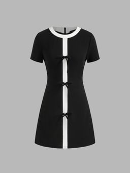 Cider - Round Neckline Contrasting Binding Bowknot Mini Dress