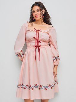 Cider - 100% Cotton Square Neck Floral Embroidery Shirred Knotted Midi Dress Curve & Plus