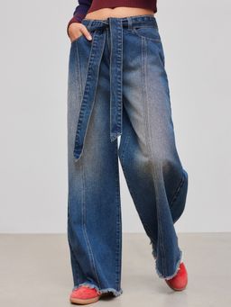 Cider - Denim Mid Rise Washed Pocket Knotted Wide Leg Jeans
