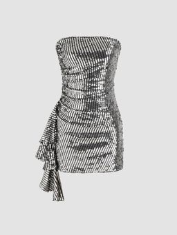 Cider - Sequin Strapless Solid Ruffle Hem Mini Dress