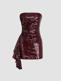 Cider - Sequin Strapless Solid Ruffle Hem Mini Dress