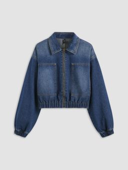 Cider - Denim Collar Solid Zipper Shirred Jacket