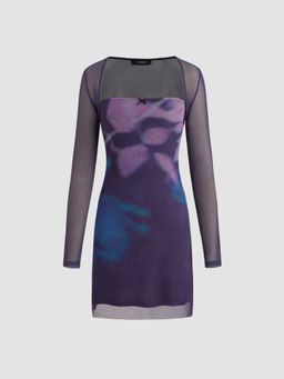 Cider - Mesh Tie Dye Bowknot Tube Mini Dress & Mesh Solid Shrug