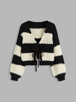 Cider - Knit V-neck Striped Tie Front Cardigan