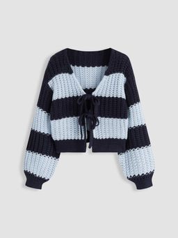 Cider - Knit V-neck Striped Tie Front Cardigan