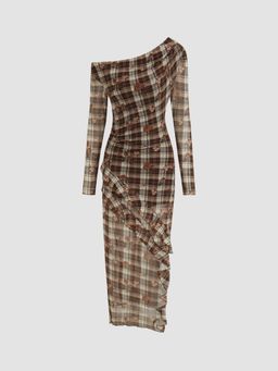 Cider - Mesh Asymmetrical Neck Floral Checks Ruffle Hem Maxi Dress