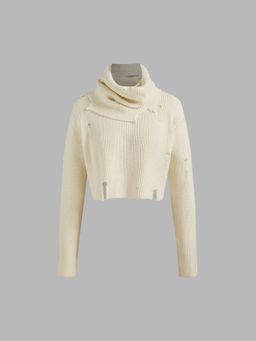 Cider - Knit Turtleneck Solid Hollow Out Long Sleeve Top