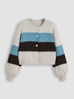 Cider - Knit Round Neckline Stripes Cardigan