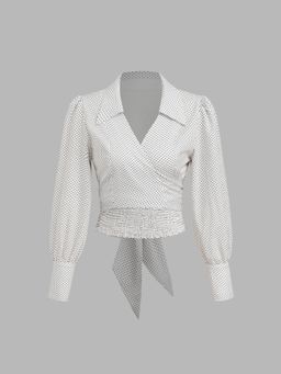 Cider - Collar Polka Dot Shirred Bowknot Long Sleeve Blouse