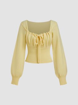 Cider - Knit Square Neck Solid Knotted Long Sleeve Crop Top