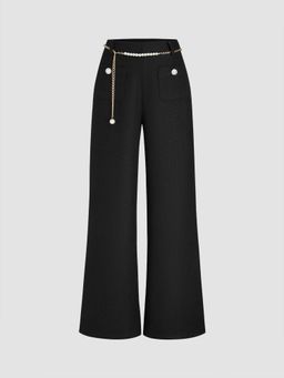Cider - Tweed Mid Rise Solid Pearl Button Wide Leg Trousers With Waist Chain