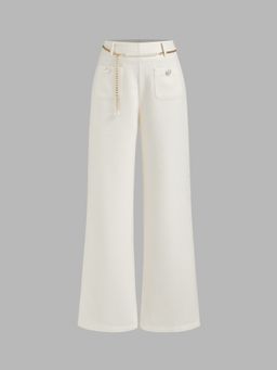 Cider - Tweed Mid Rise Solid Pearl Button Wide Leg Trousers With Waist Chain