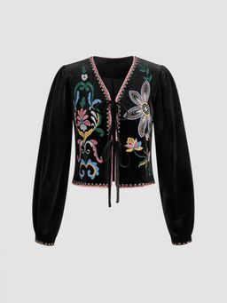 Cider - Velvet V-neck Floral Embroidery Tie Front Jacket