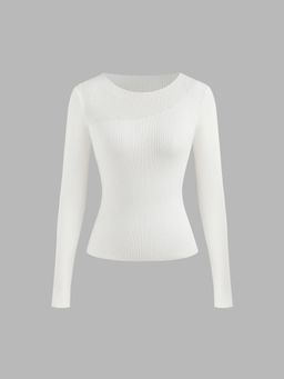 Cider - Round Neckline Solid Knitted Long Sleeve Tops