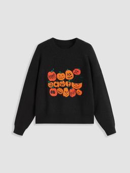 Cider - Knit Round Neckline Pumpkin Graphic Oversized Long Sleeve Top