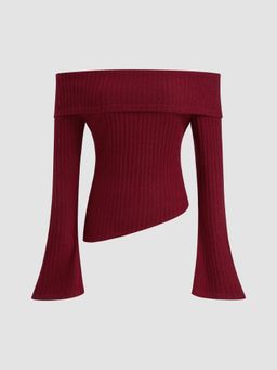 Cider - Knit Off-shoulder Solid Long Sleeve Top