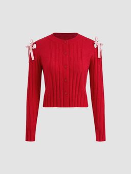 Cider - Knit Round Neckline Cut Out Bowknot Cardigan