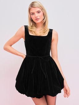 Cider - Velvet Square Neck Knotted Bubble Mini Dress