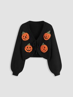 Cider - Knit Round Neckline Pumpkin Knotted Long Sleeve Sweater