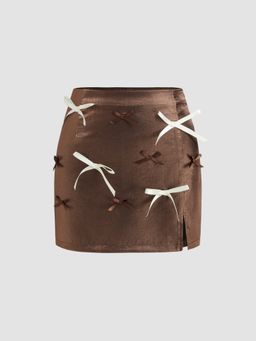 Cider - Satin Mid Rise Solid Bowknot Split Mini Skirt