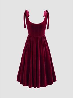 Cider - Velvet Scoop Neckline Solid Knotted Midi Dress
