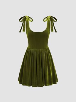 Cider - Velvet Square Neck Solid Ruffle Knotted Mini Dress