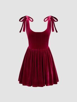 Cider - Velvet Square Neck Solid Ruffle Knotted Mini Dress