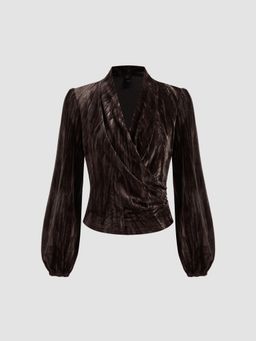 Cider - Velvet V-neck Solid Wrap Long Sleeve Top