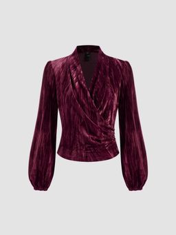 Cider - Velvet V-neck Solid Wrap Long Sleeve Top