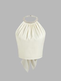 Cider - Satin Halter Neckline Solid Rhinestone Bowknot Crop Top
