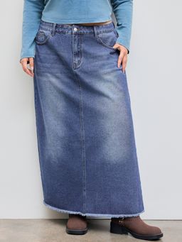 Cider - Denim Mid Rise Solid Split Pocket Midi Skirt Curve & Plus
