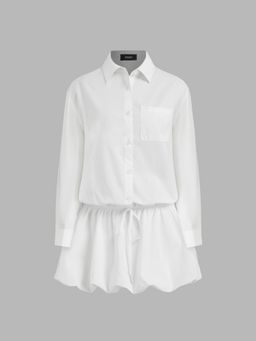 Cider - 100% Cotton Collar Solid Drawstring Bubble Hem Mini Dress