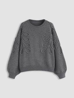 Cider - Knit Round Neckline Leaf Braid Oversized Sweater
