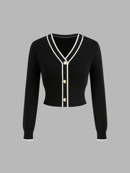 Cider - Knit V-neck Solid Contrasting Binding Button Cardigan