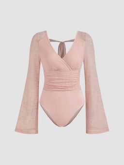 Cider - V-neck Floral Lace Knotted Bodysuit