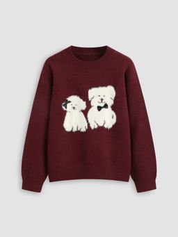 Cider - Knit Round Neckline Dog Bowknot Long Sleeve Top