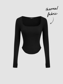 Cider - Thermal Cotton-blend Square Neck Solid Thumb Hole Long Sleeve Tee