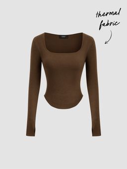 Cider - Thermal Cotton-blend Square Neck Solid Thumb Hole Long Sleeve Tee