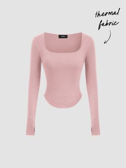 Cider - Thermal Cotton-blend Square Neck Solid Thumb Hole Long Sleeve Tee