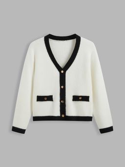 Cider - Knit V-neck Solid Contrasting Binding Cardigan Curve & Plus