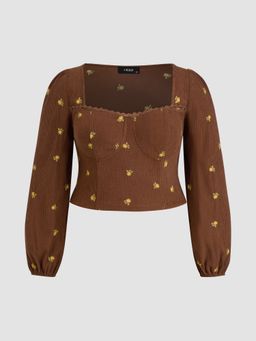 Cider - Corduroy Sweetheart Floral Embroidery Zipper Long Sleeve Top Curve & Plus